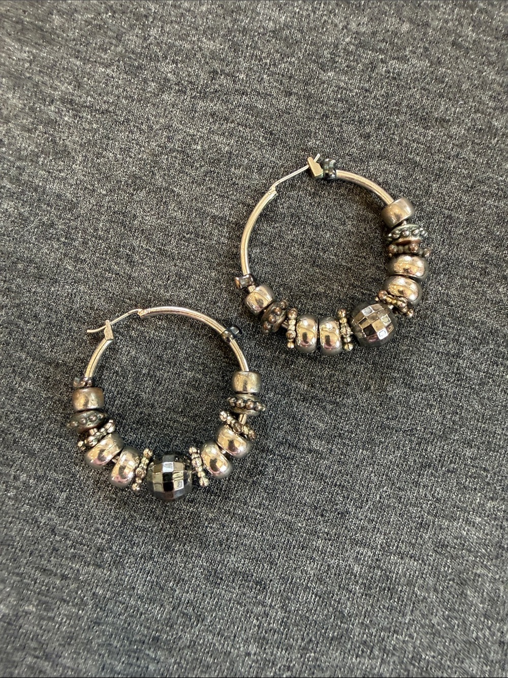 Sterling-Look Hematite Beaded Hoop Earrings - Women Jewelry